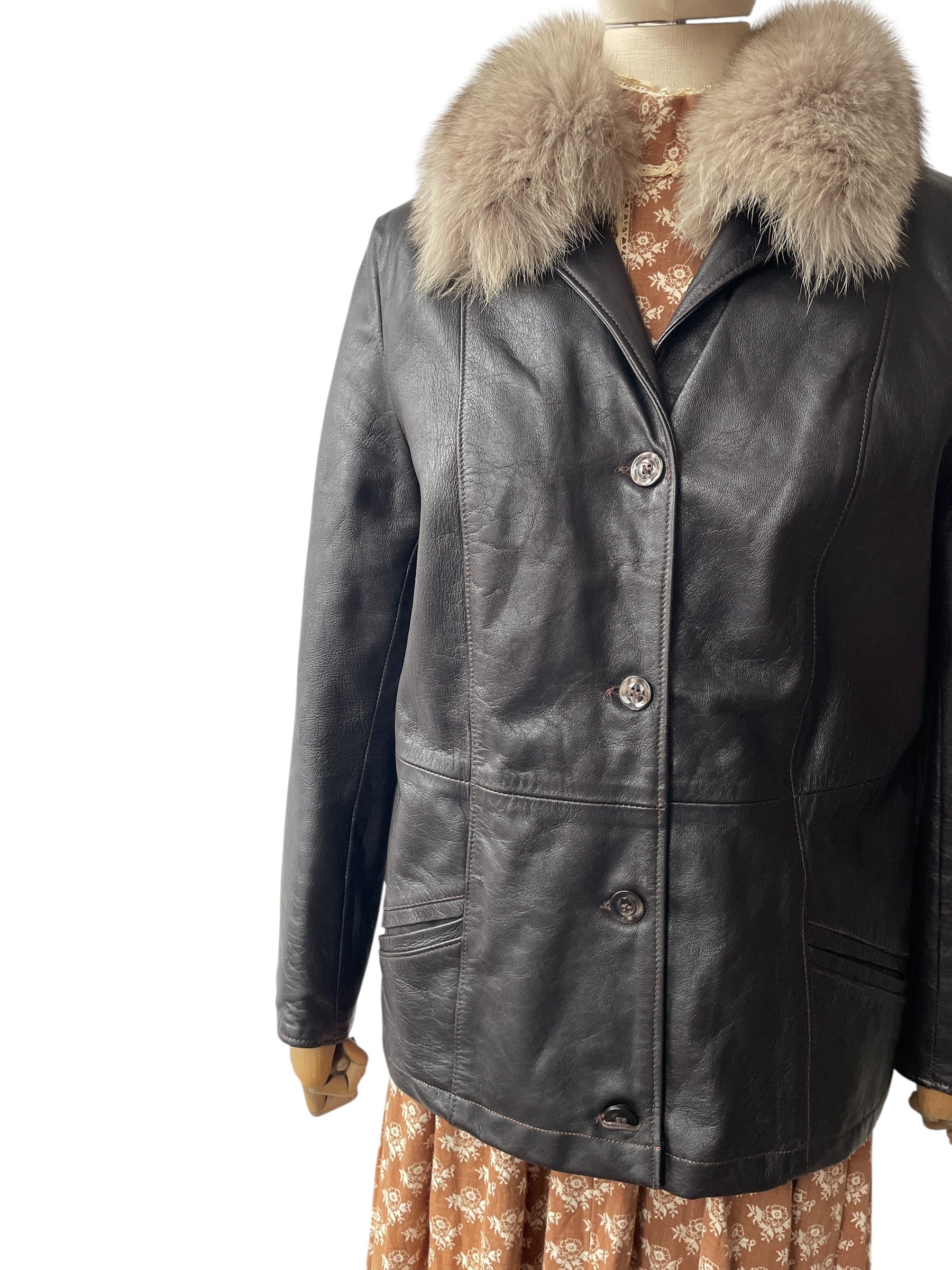 Vintage Italian dark brown leather jacket with fur collar