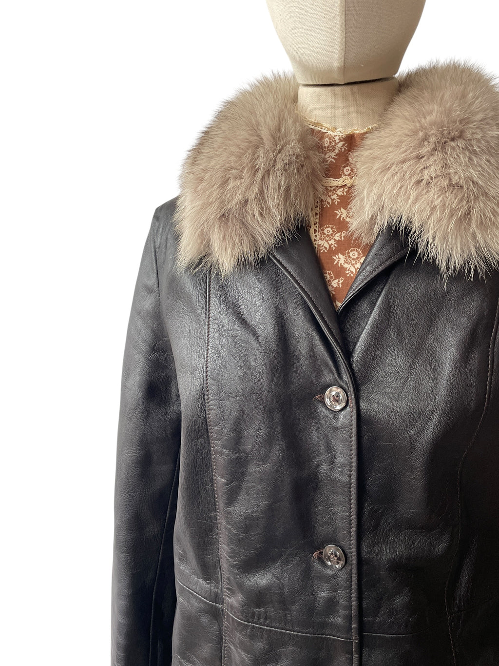 Vintage Italian dark brown leather jacket with fur collar