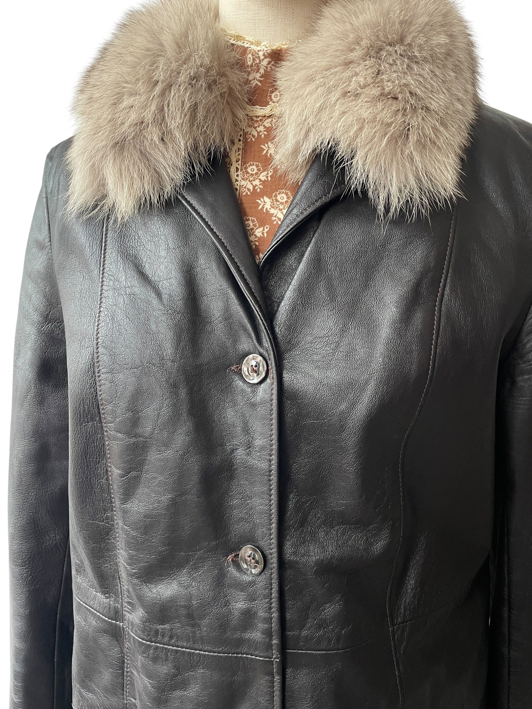 Vintage Italian dark brown leather jacket with fur collar