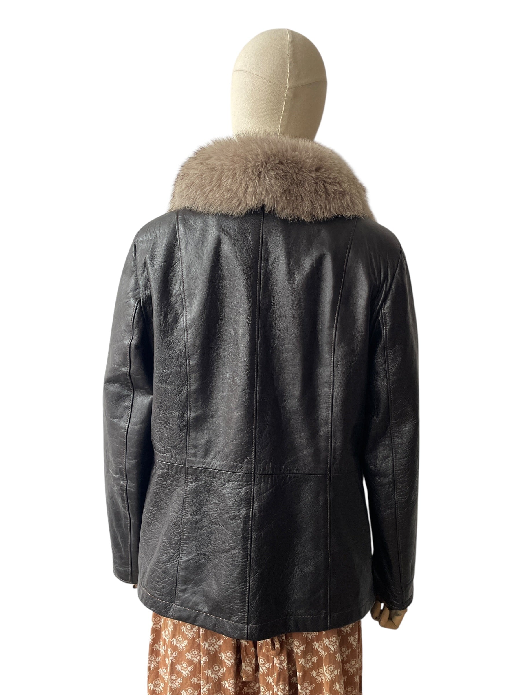 Vintage Italian dark brown leather jacket with fur collar