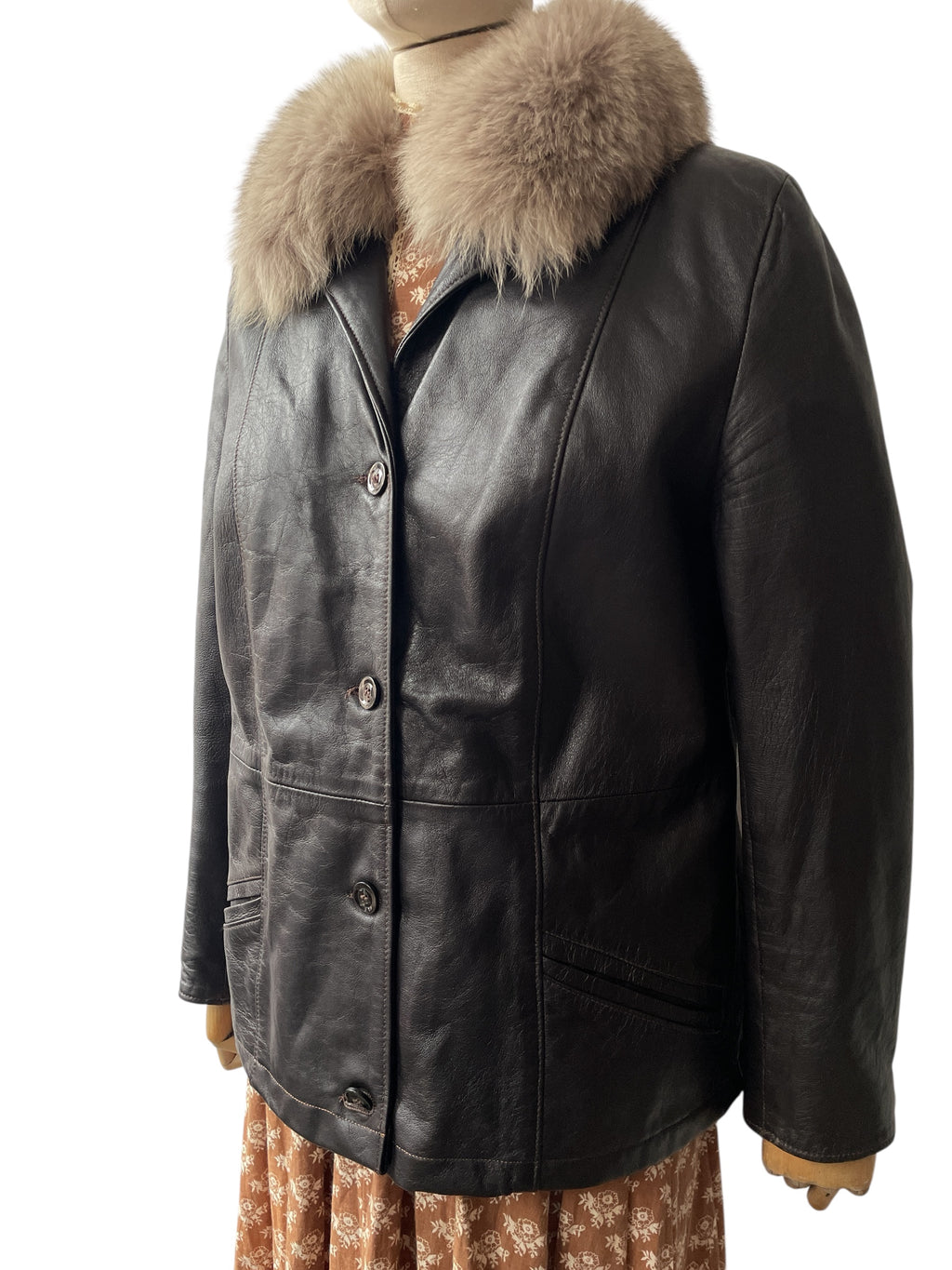 Vintage Italian dark brown leather jacket with fur collar