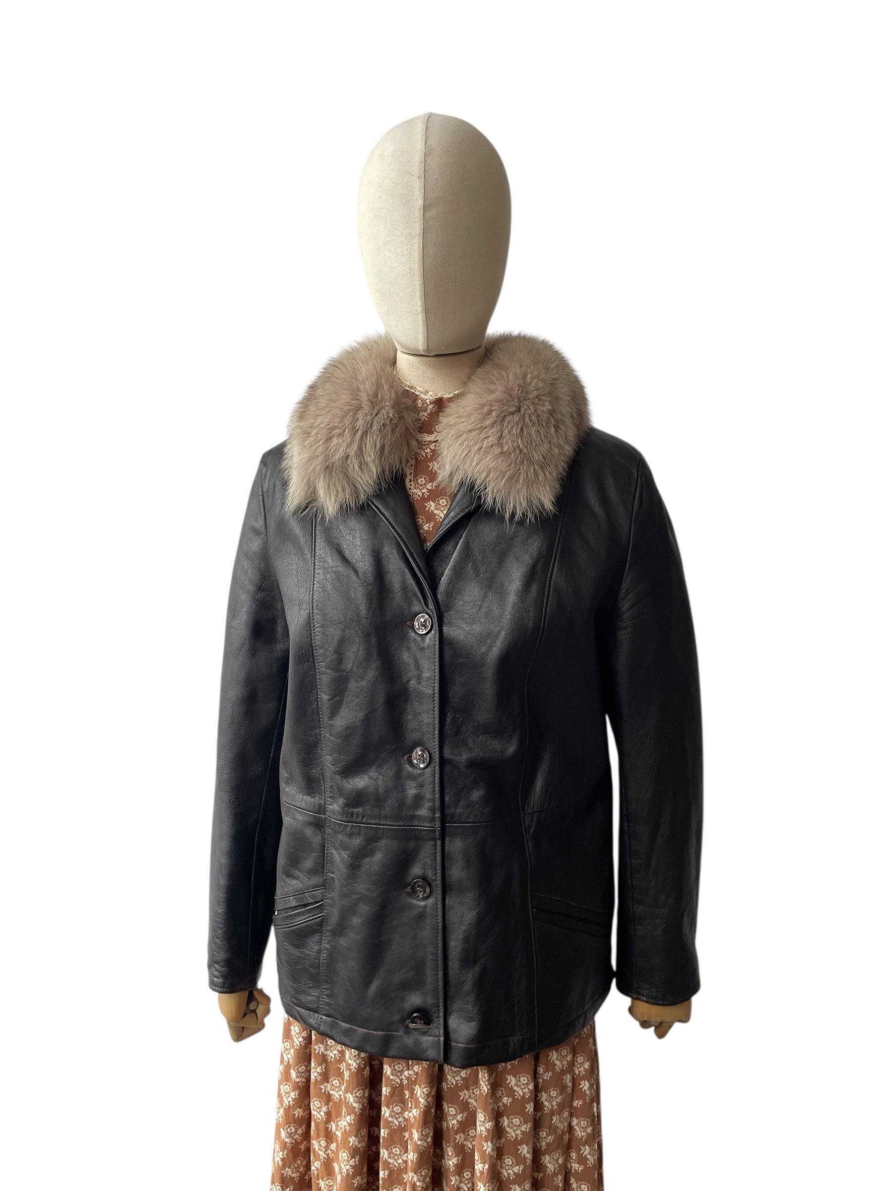 Vintage Italian dark brown leather jacket with fur collar
