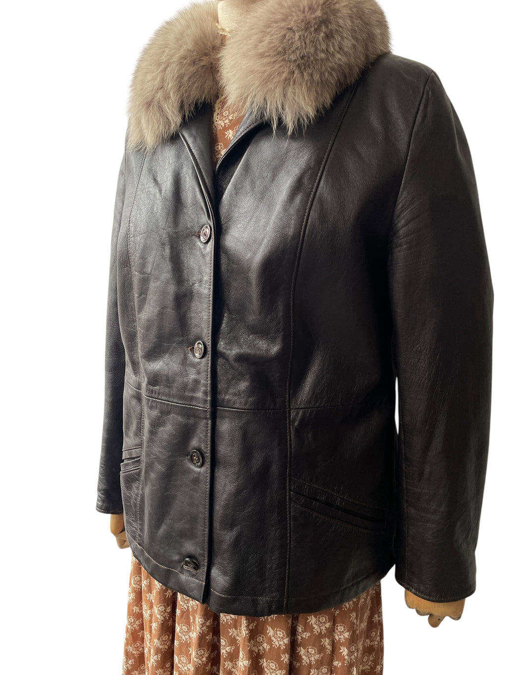 Vintage Italian dark brown leather jacket with fur collar