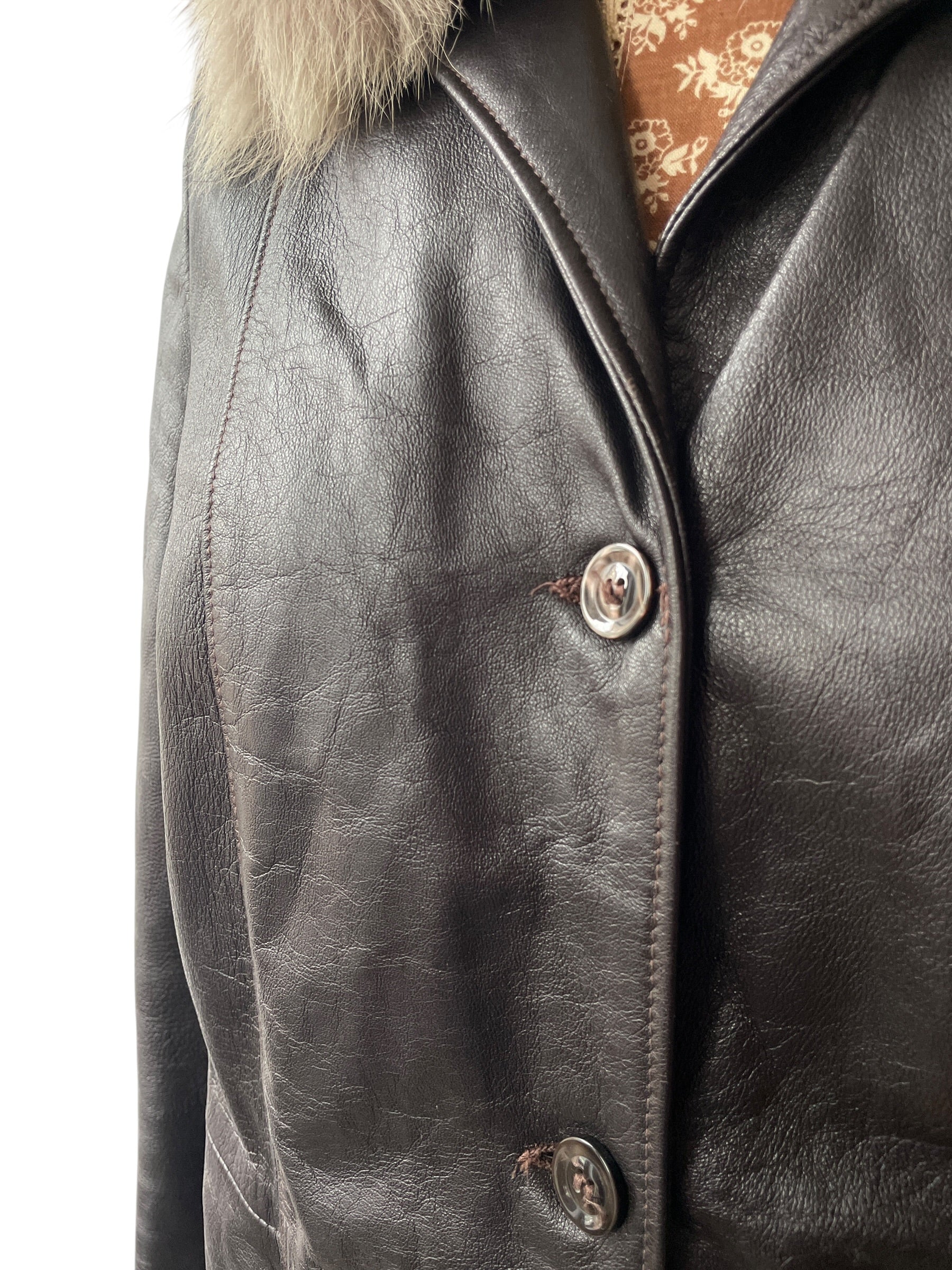 Vintage Italian dark brown leather jacket with fur collar