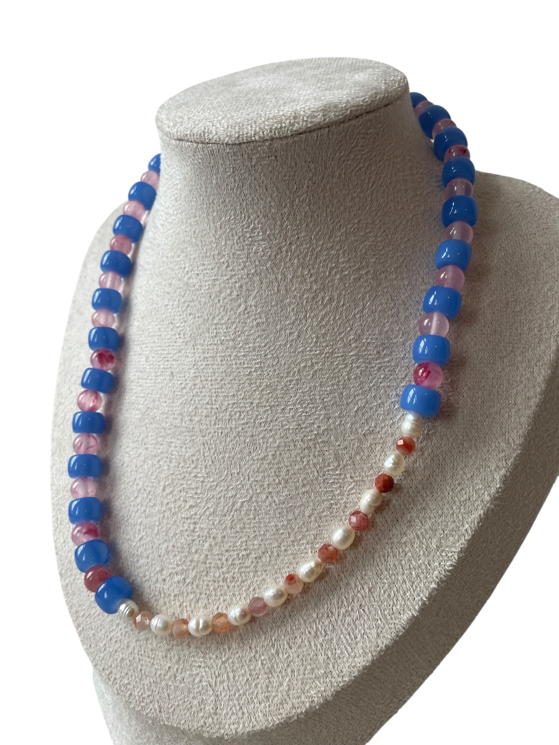Light blue, pink and pearl natural stone necklace - handmade necklace - Atelier Sestraa
